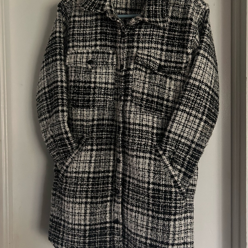 Black & White Plaid Wool-Style Coat
